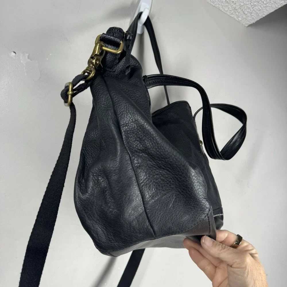 The Sak Iris Black Pebble Leather Shopper Tote Bag Dbl Handle Removeable Strap
